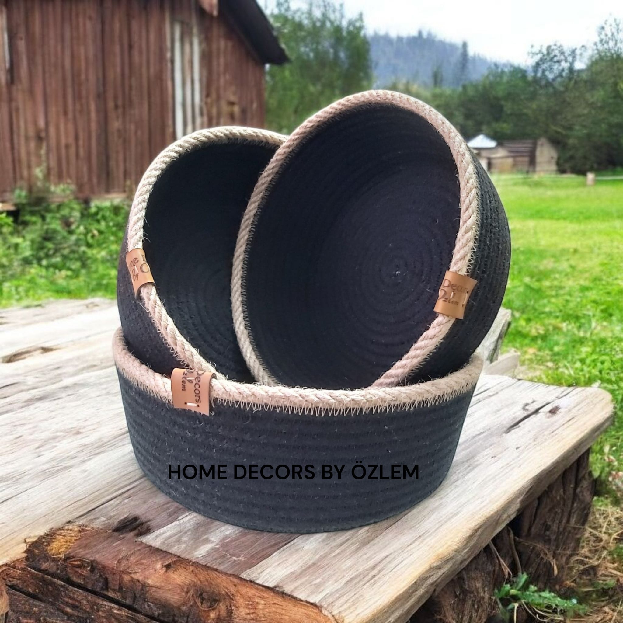 3'lü Siyah Hasır Sepet Takımı Dekoratif Sepet Organizer Düzenleyici Saklama Kutusu Handmade-20x7cm/18x7cm/16x7cm