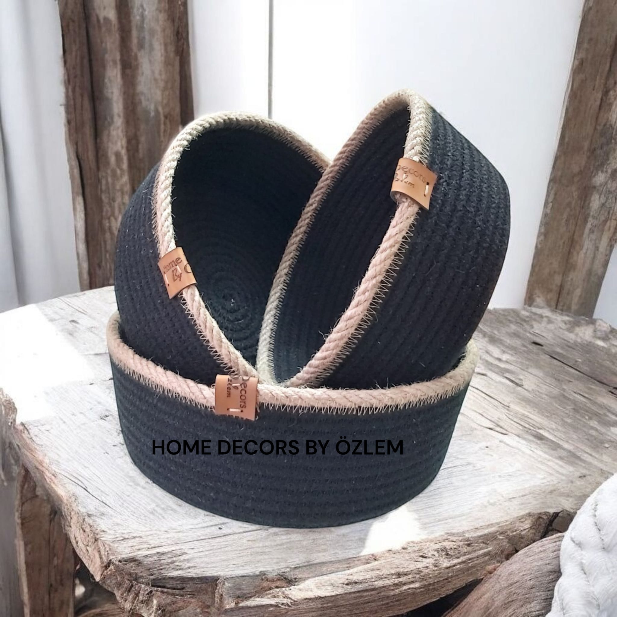 3'lü Siyah Hasır Sepet Takımı Dekoratif Sepet Organizer Düzenleyici Saklama Kutusu Handmade-20x7cm/18x7cm/16x7cm