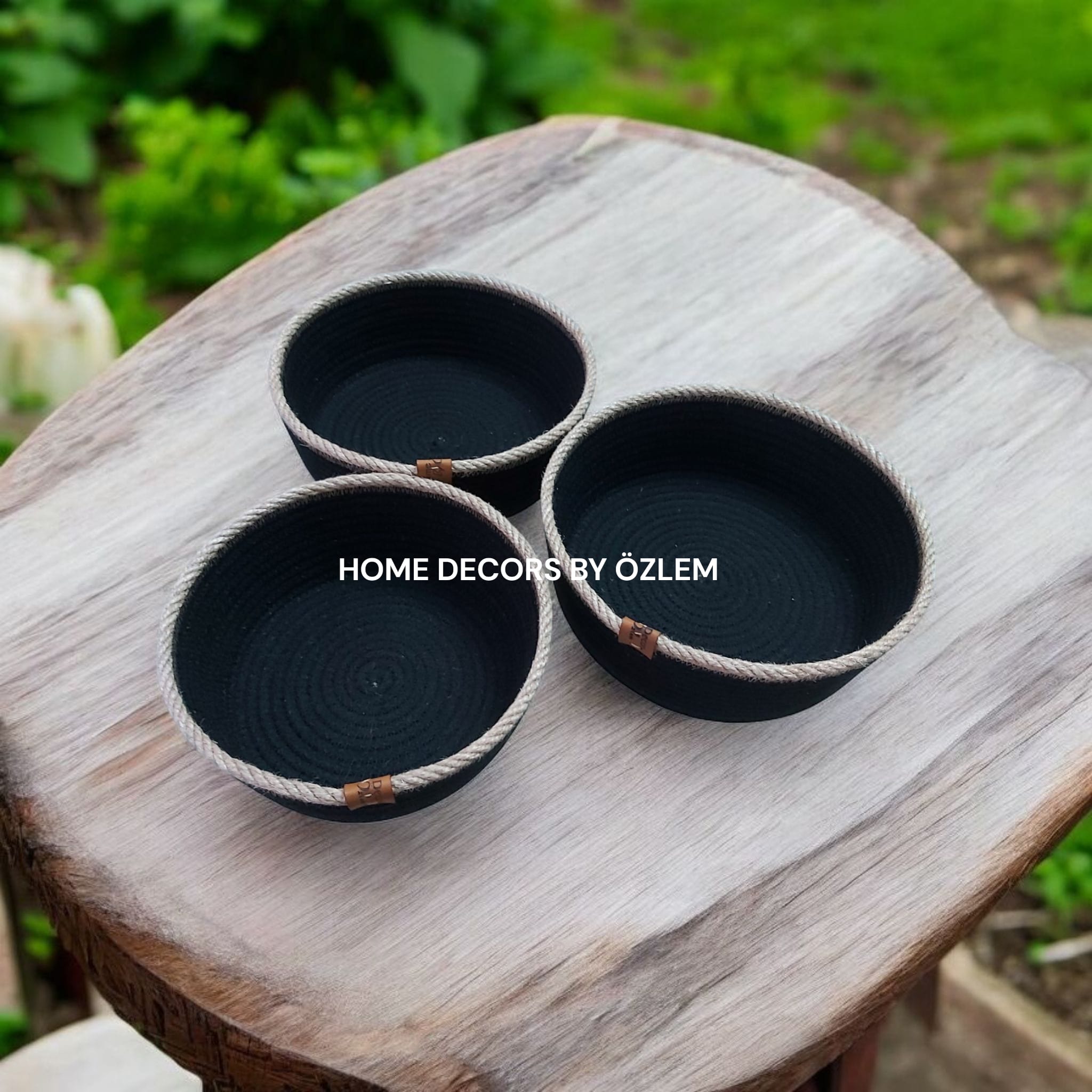 3'lü Siyah Hasır Sepet Takımı Dekoratif Sepet Organizer Düzenleyici Saklama Kutusu Handmade-20x7cm/18x7cm/16x7cm