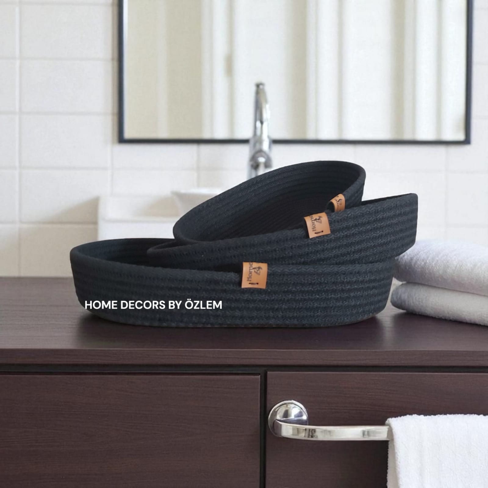 3'lü Siyah Oval Sepet Takımı Hasır Sepet Düzenleyici Organizer Dekorasyon Hediyelik