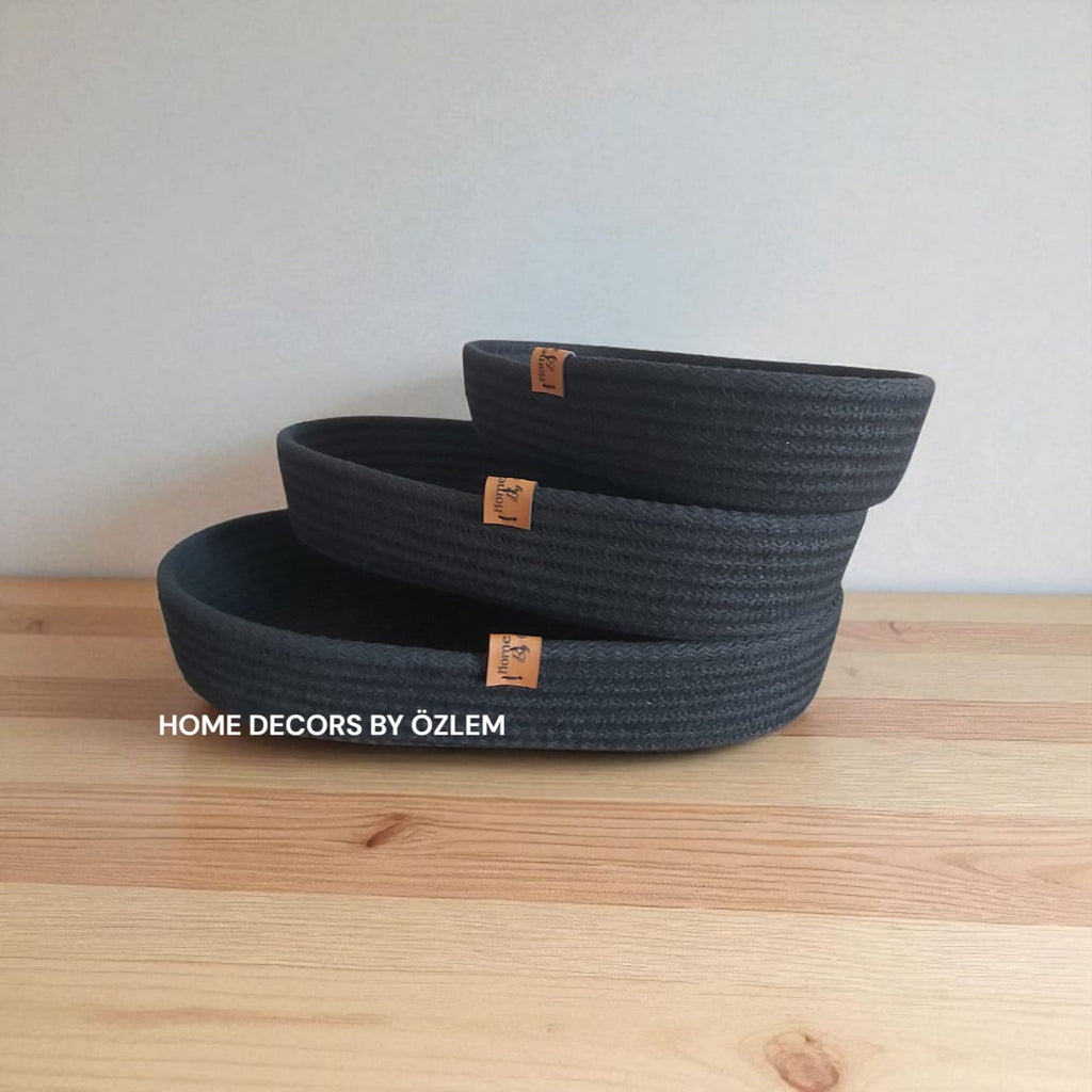 3'lü Siyah Oval Sepet Takımı Hasır Sepet Düzenleyici Organizer Dekorasyon Hediyelik