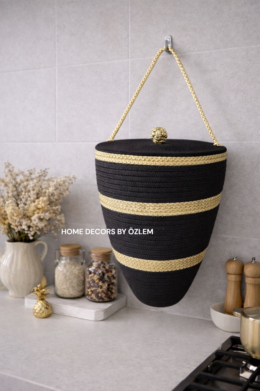Siyah Altın (Gold) Poşetlik Kapaklı Poşetlik Organizer Düzenleyici Saklama Kutusu El Emeği Handmade - 30x25 cm