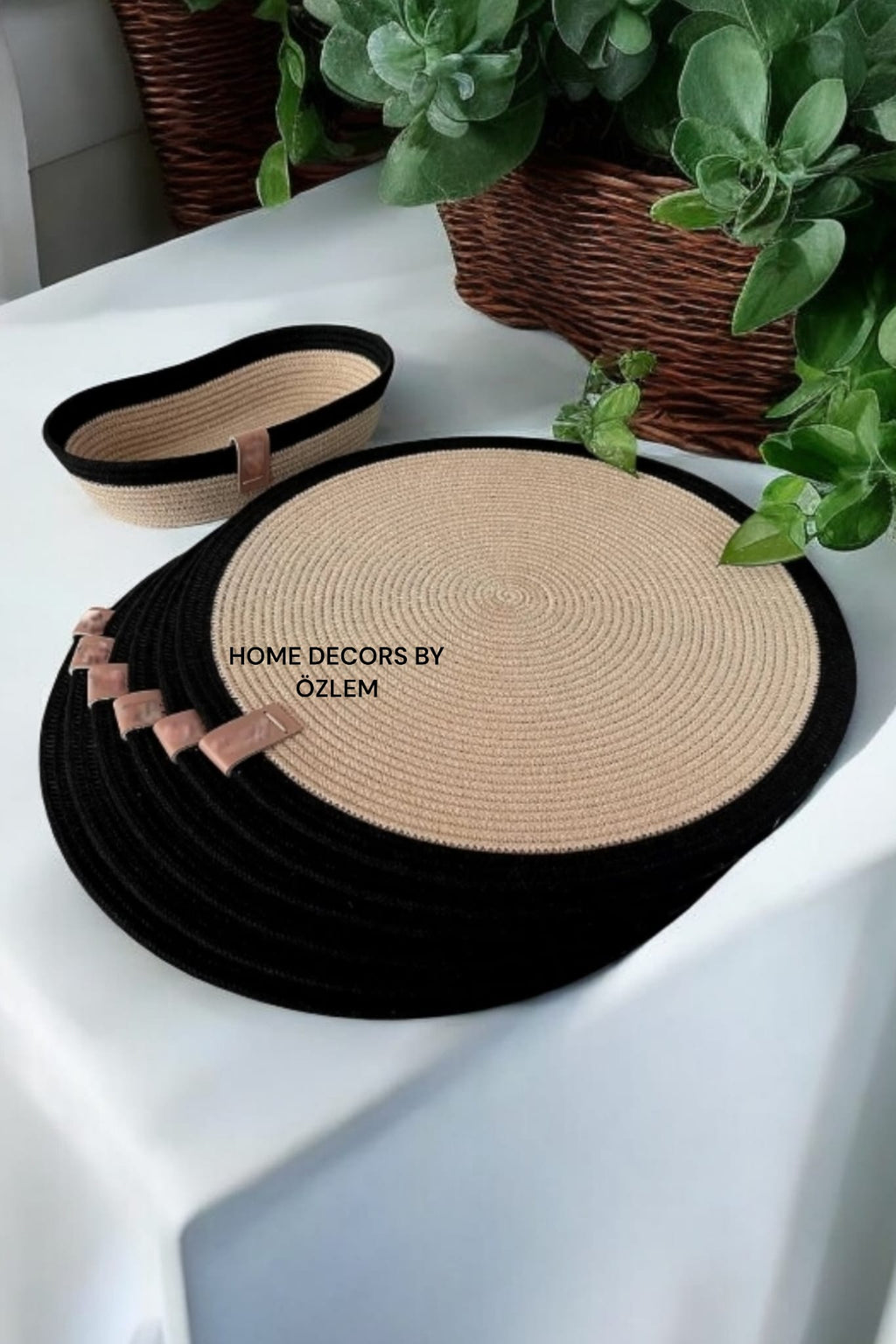 Bej Siyah 6 Kişilik 7 Parça Amerikan Servisi Supla Takımı Organizer Servis Saklama kutusu Hasır Sepet - Supla:33x33 cm / Oval Ekmek Sepeti:26x18x6 cm