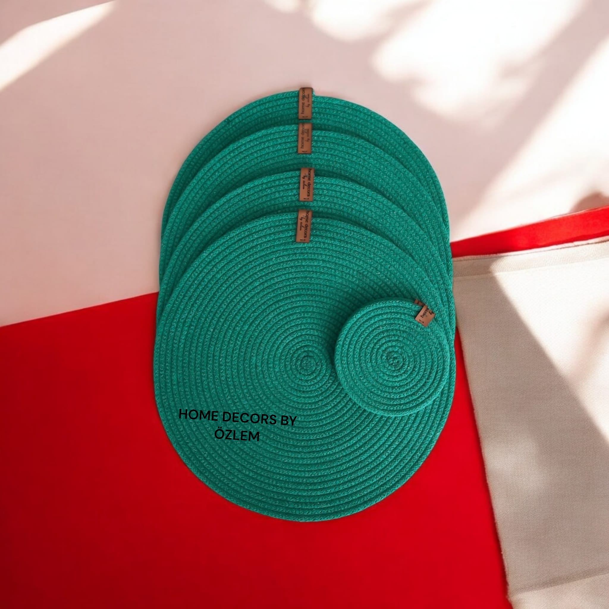 Çimen Yeşili Amerikan Servisi Kırmızı Supla Takımı Organizer Servis Saklama kutusu Hasır Sepet - Supla:33x33 cm / Bardak Altlığı:12 cm