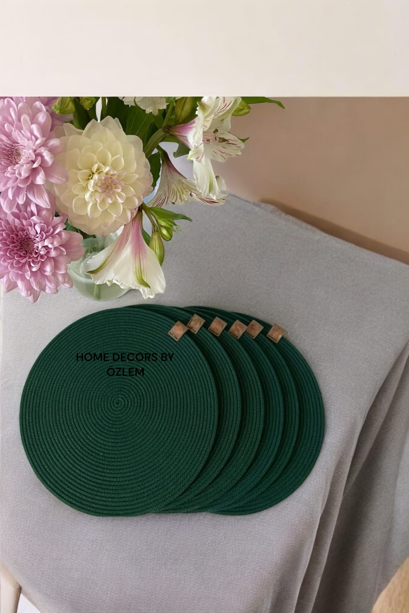 Koyu Yeşil (Çam Yeşili) Amerikan Servis Supla Düzenleyici Organizer Dekorasyon Handmade El Emeği - 33x33 cm
