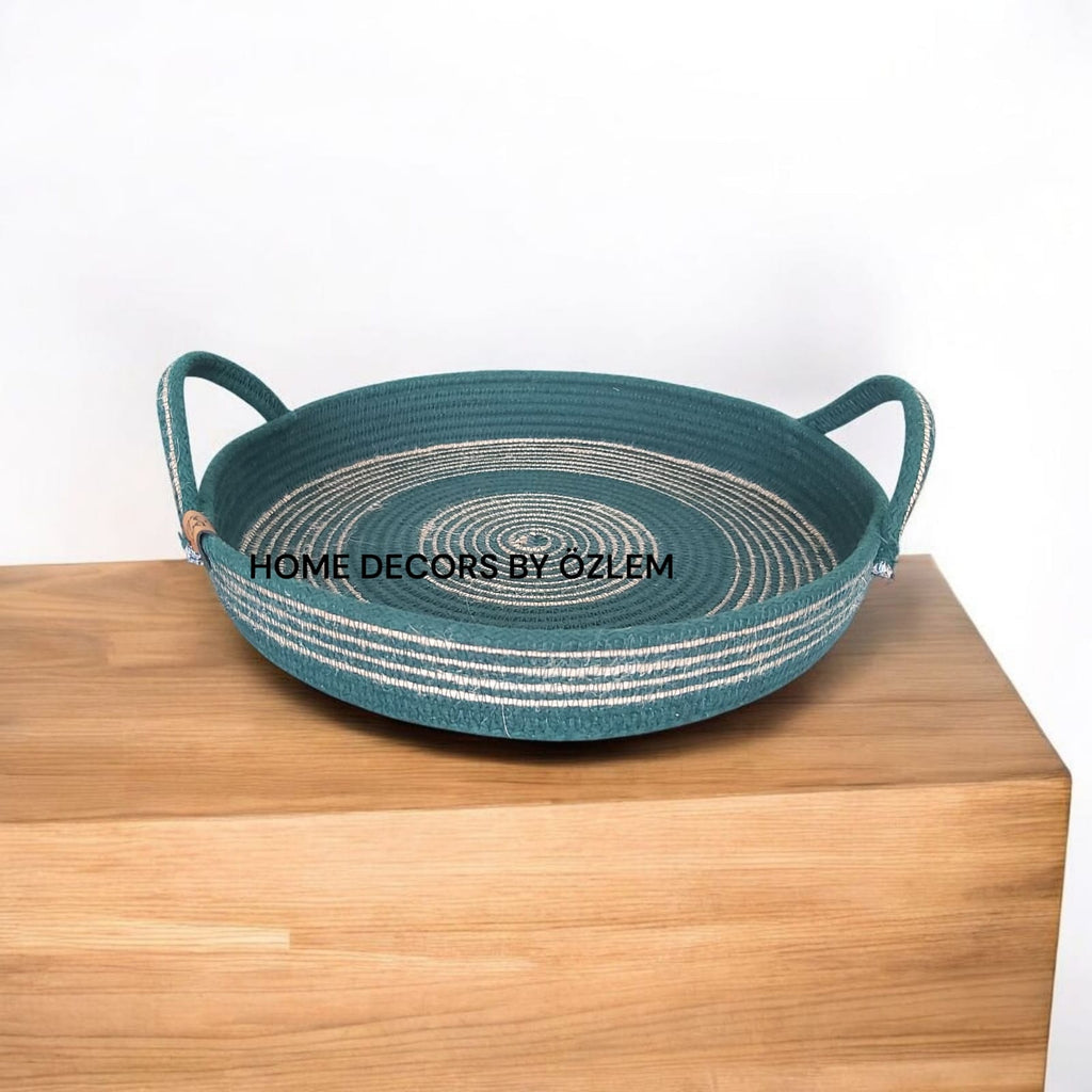 2'li Koyu Yeşil Hasır Sepet Takımı Dekoratif Sepet Saklama Kutusu Organizer Düzenleyici Handmade El Emeği - 30~25x18 cm / 30x5 cm