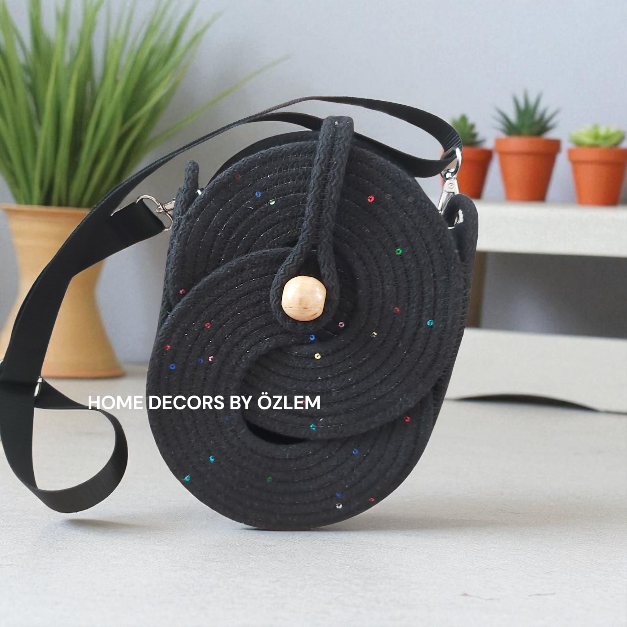 Telefon Çantası Işıltılı Siyah Sonsuzluk Çantası Hasır Omuz Çantası Günlük Çanta Spor Çanta El Emeği Handmade - 19x25 cm