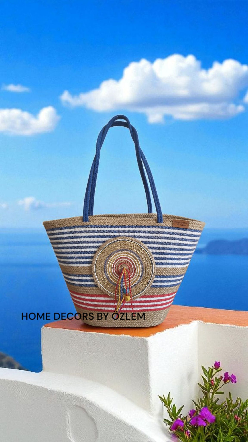 Çok Renkli Hasır Omuz Çantası Plaj Çantası Günlük Çanta El Emeği Handmade - 40~42x30cm
