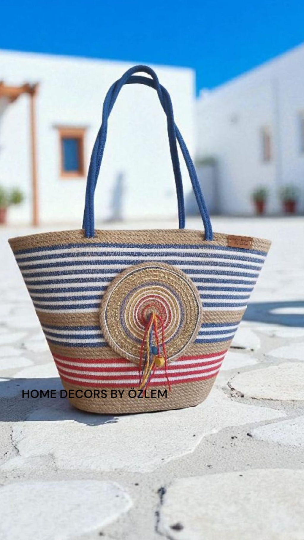 Çok Renkli Hasır Omuz Çantası Plaj Çantası Günlük Çanta El Emeği Handmade - 40~42x30cm