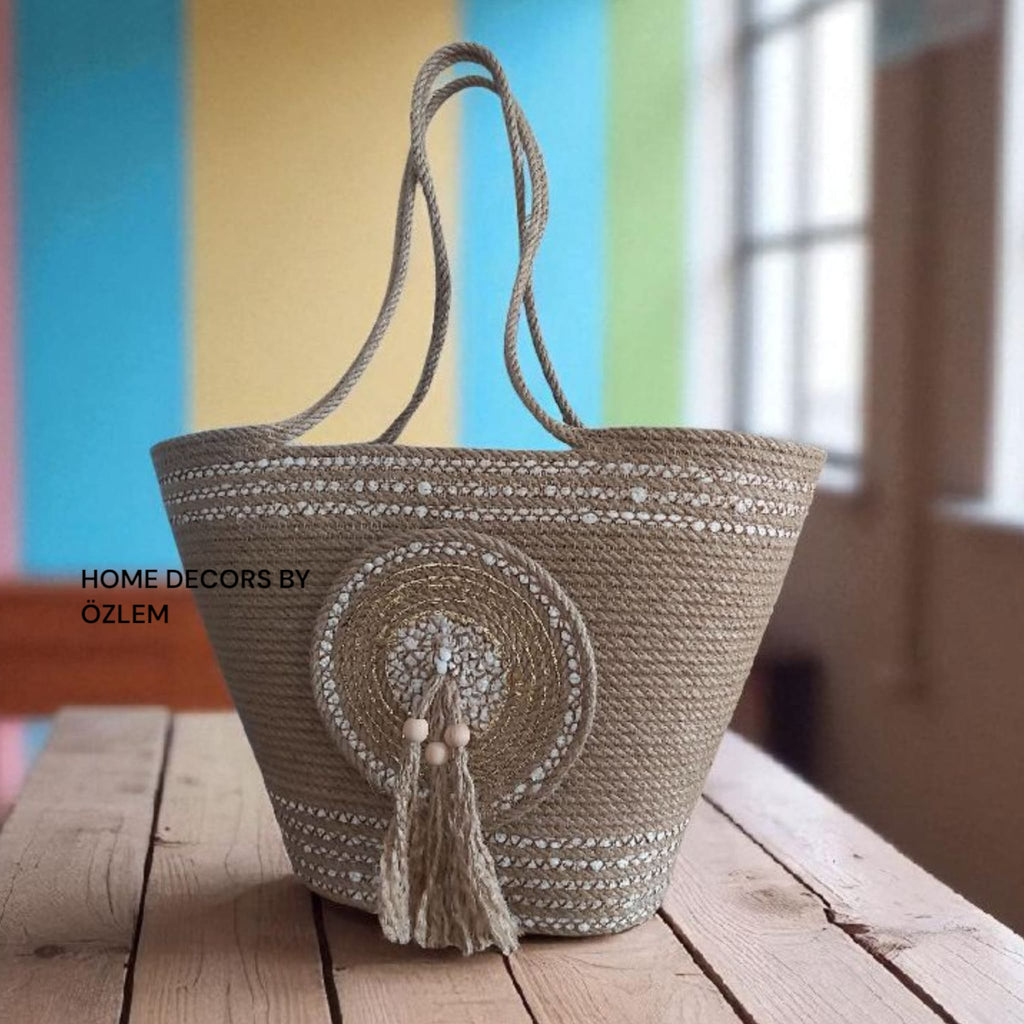 Ekru Degrade Hasır Omuz Çantası Plaj Çantası Günlük Çanta El Emeği Handmade - 40~42x30cm