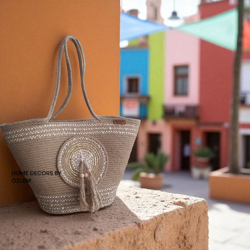 Ekru Degrade Hasır Omuz Çantası Plaj Çantası Günlük Çanta El Emeği Handmade - 40~42x30cm