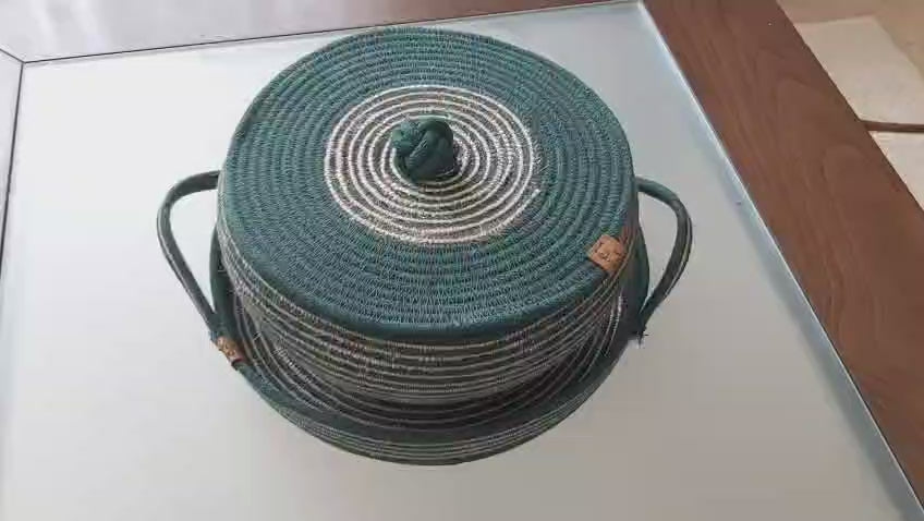 2'li Koyu Yeşil Hasır Sepet Takımı Dekoratif Sepet Saklama Kutusu Organizer Düzenleyici Handmade El Emeği - 30~25x18 cm / 30x5 cm